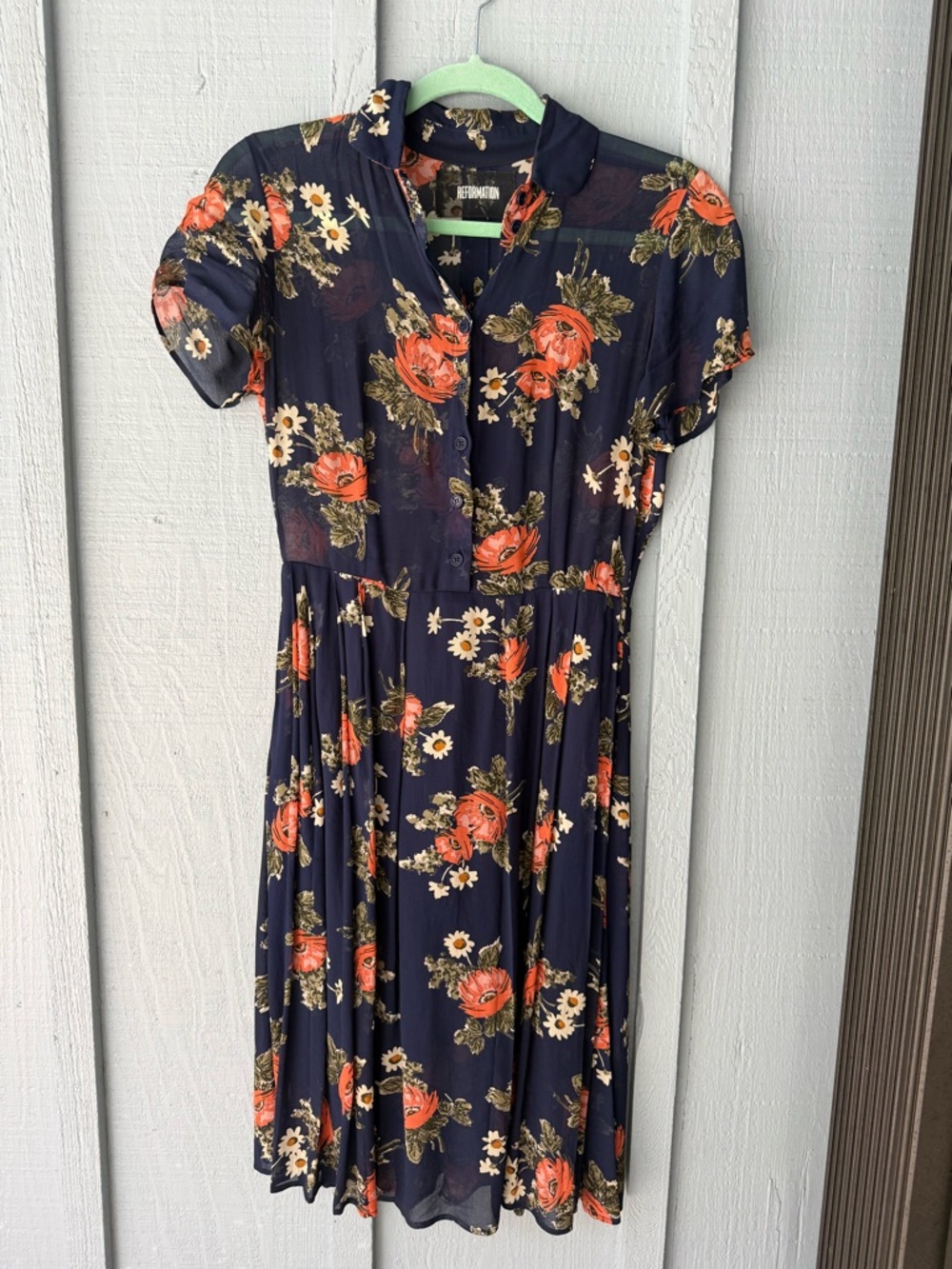 Reformation Navy Midi Dress with Orange Rose & Cream Daisies